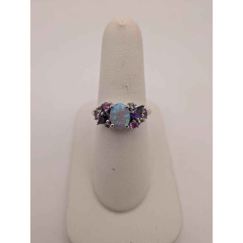 Sterling Silver Lab Opal And Amethyst Ring Size 7.5